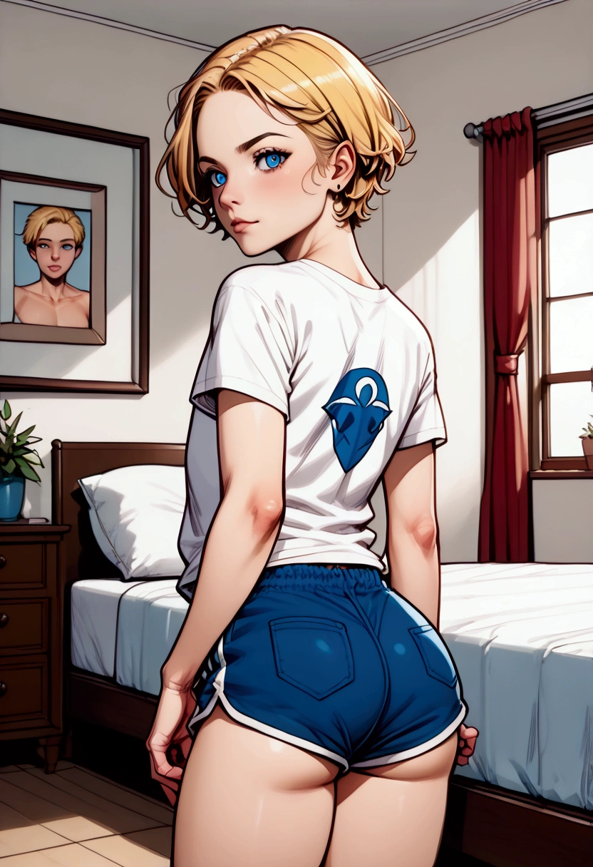 (((teen_femboy:1.2))) 18_anos ((blonde_hair)) ((blue_eyes)) ((short_hair)) boy_wears_pijama_short_t-shirt_and_pijama_short_shorts posing_seductively in_her_bedroom (((((looking_at_viewer))))) (((((centered))))) (((head_in_photo))) {(((((full_body_photo: 0.98)))))} (((Thick_thighs: 0.9))), (((from behind))) ((traseira_curva_e_acentuada)) ((((em pé))))