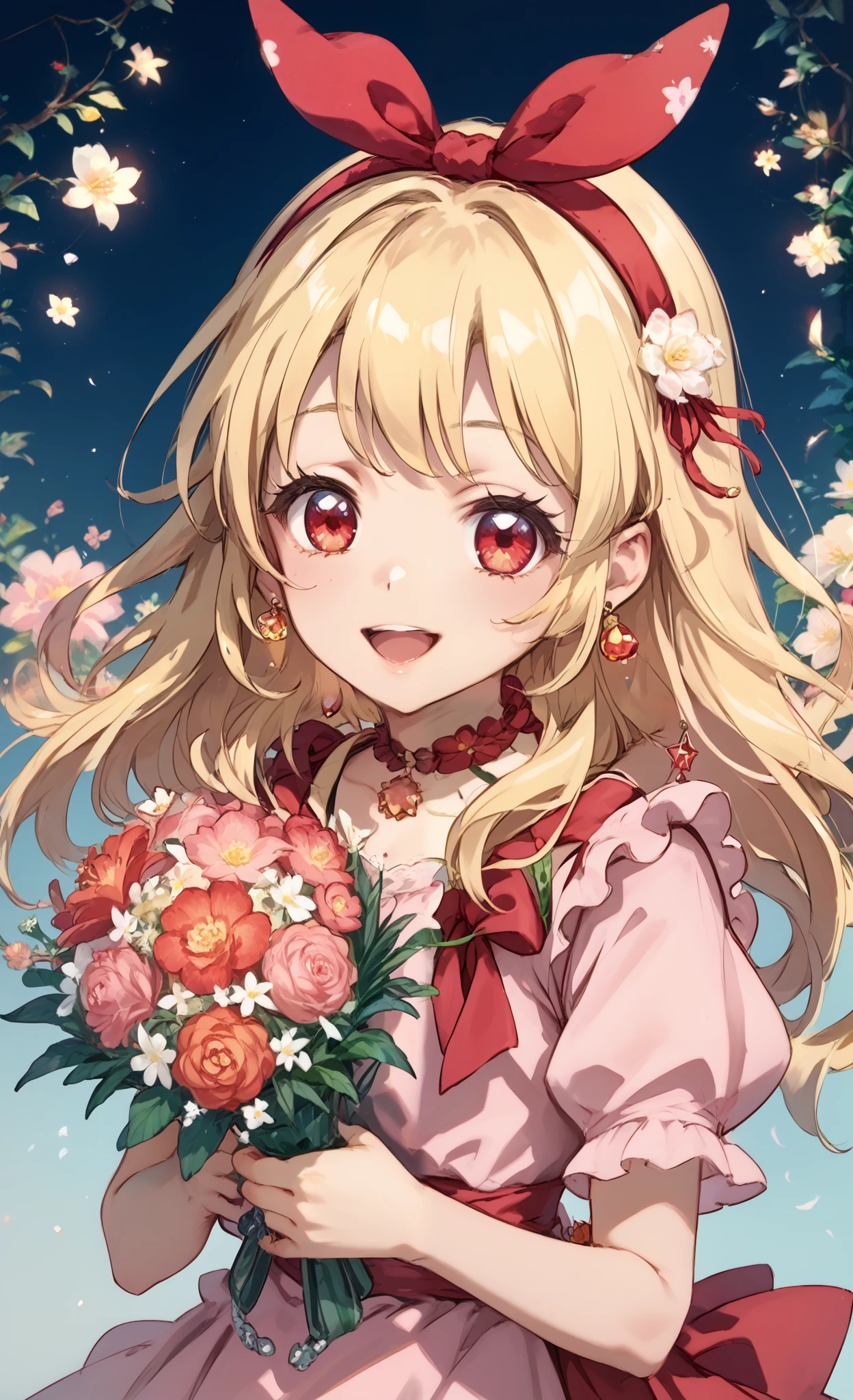 illustrated anime image of cute girl with wings holding a bouquet of flowers, 1girl, hoshimiya ichigo,(RED Ribbon on HAIRband:1.2), flower, solo, blonde hair, long HAIR,feathers, red eyes, jewelry, open mouth, smile, earrings, gloves, long hair,pink Dress,Gorgeous embroidery on the fabric of the dress