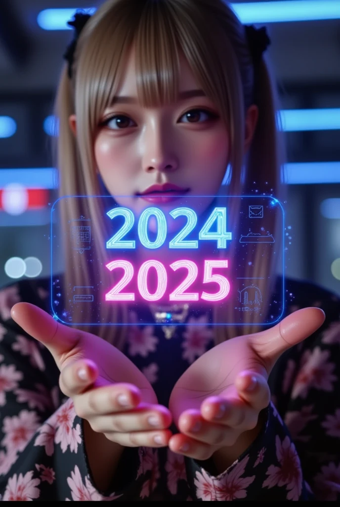 Digital Holograms,Progress and Transition from 2024 to 2025,A loading bar showing the transition from 2024 to 2025,progress,future plans,and goals for the new year,(hologram that floats in the palm of your hand),background futuristic cyber neon style