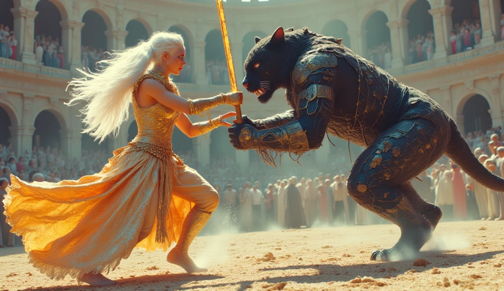 (best quality, 128k,highres,masterpiece:1.2),ultra-detailed,(realistic,photorealistic,photo-realistic:1.37), ((masterpiece)) ((photography)) ((Highest quality)) An epic battle takes place in an ancient arena, featuring a warrior woman with long white hair, adorned with intricate jewelry and wearing an ornate golden outfit, facing a humanoid beast resembling a black panther, clad in dark decorative armor with metallic details. The woman wields a gleaming sword as they clash with intense expressions. In the background, a classic coliseum filled with spectators, shrouded in a slight mist that heightens the scene's tension. The lighting is dramatic, emphasizing the textures of the skin and armor, with warm tones on the metals and cool tones on the stone surroundings. The visual style is hyper-realistic and cinematic, highlighting dynamic motion and contrasts between golden and dark colors.