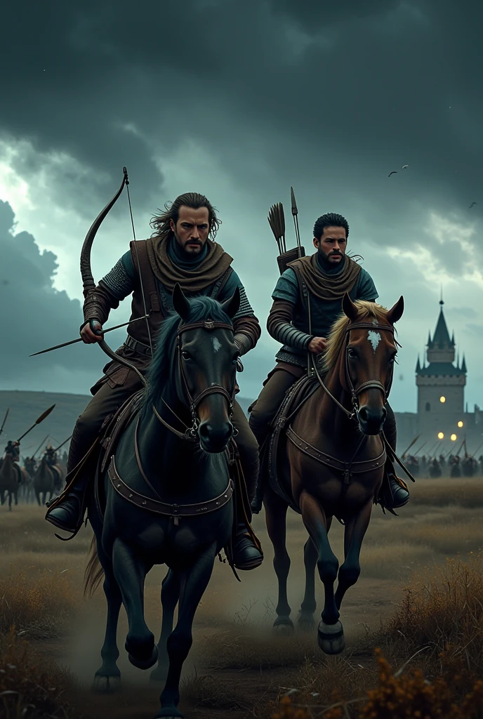 Two men riding a horse into battle. (A field during a storm with a castle in the far background) One man holds a bow and arrow, the other guides the horse. beautiful scenery, epic, action. Close up on the heroes, potrait beautiful