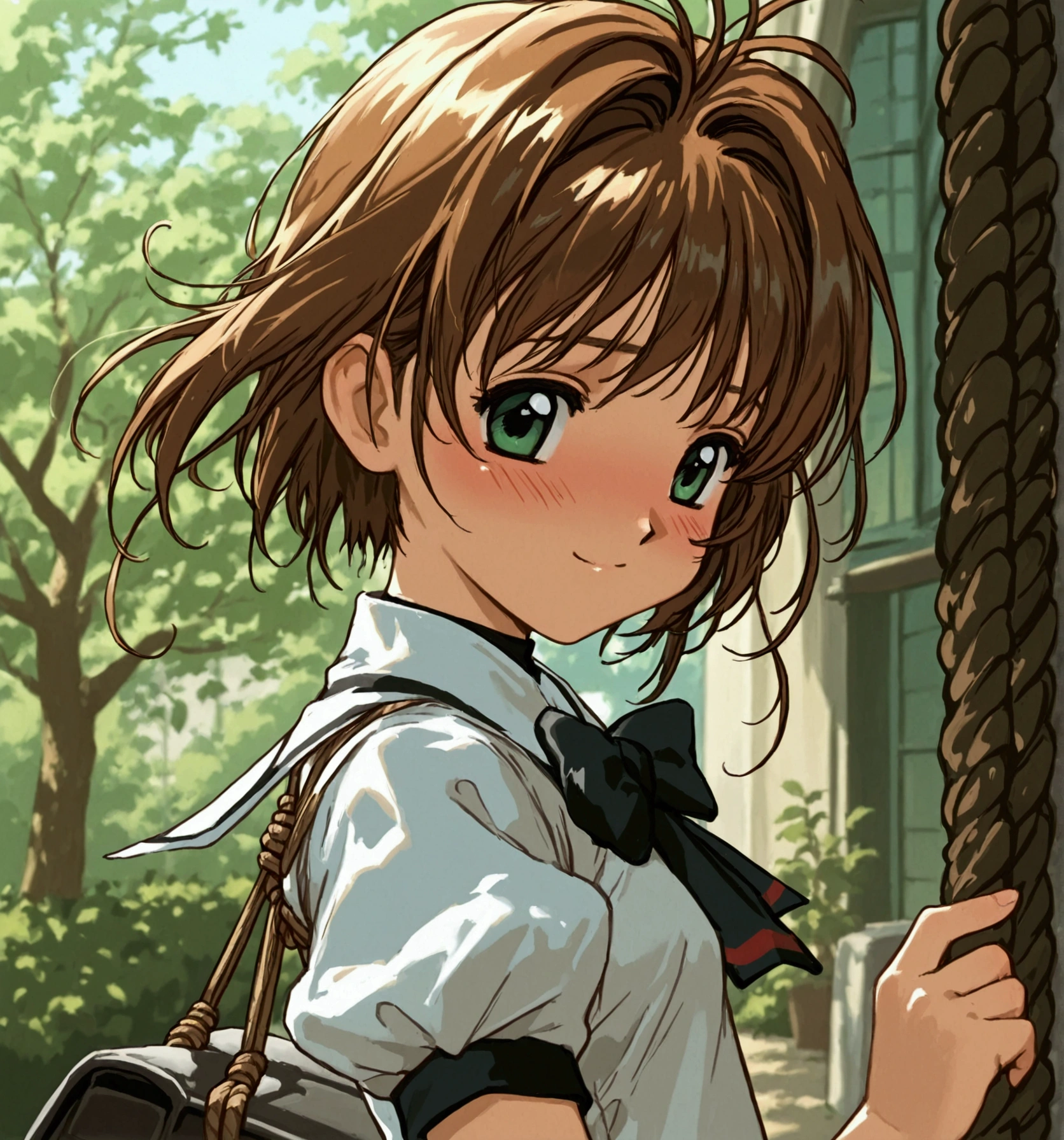  kinomoto sakura, tomoeda ***************** uniforms,  green eyes, Brown Hair, nsfw, Hentai ,Shibari,smile,blush,outdoors,collar,panty shot,skirt lift,ecstacy,