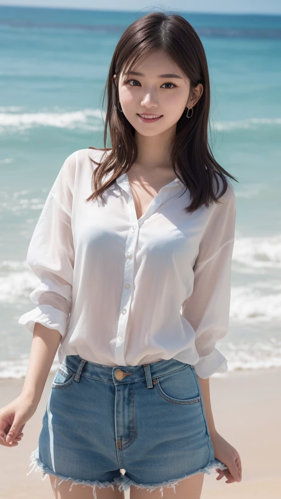 tall woman, brown eyes, thin face, short dark blonde hair, on the beach facing the sea, wearing orange shorts and a white blouse