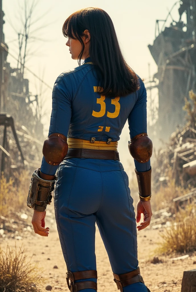 1girl turnaround, postapocaliptic city desert background, full body, fit body, small waist. Lucy wears a blue tight (latex bodysuit) jumpsuit with some yellow marks. She has long dark hair. She has perfect round ass, she wear brown military boots, high quality, highly detailed, master piece, (NSFW)