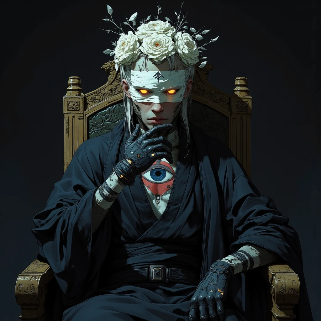 A portrait of a man with a white bandage covering his eyes, wearing a black robe and flowers on his head in the style of Tom Bagshaw young anime murim santa clause suit villain taoist marshal artist , tattoo of eye on neck , saint post , laughting ,gloves , kiijing thought finger , hiding smirk smile , in suit sitting in dark shadows on chair in villainous pose cyberpunk, young evil monk, chillin in the city god eye, antagonist , daoists ,
