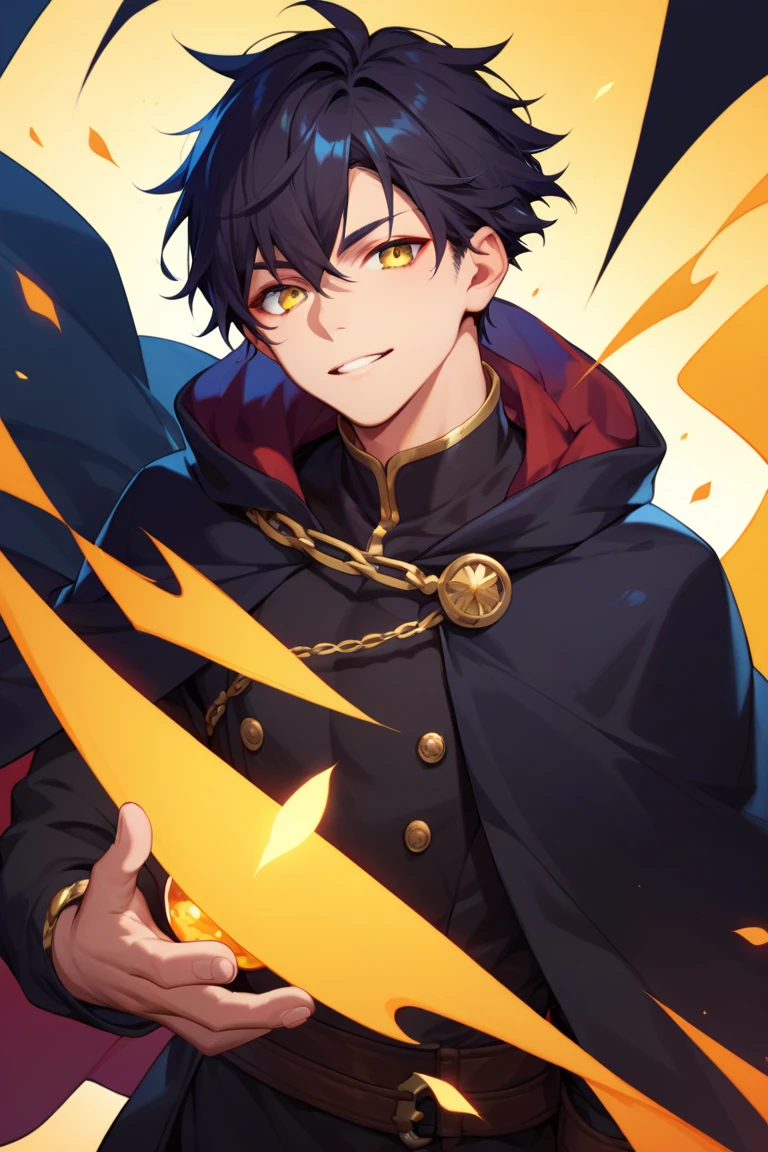 boy, black short hair, yellow eyes, black cloak