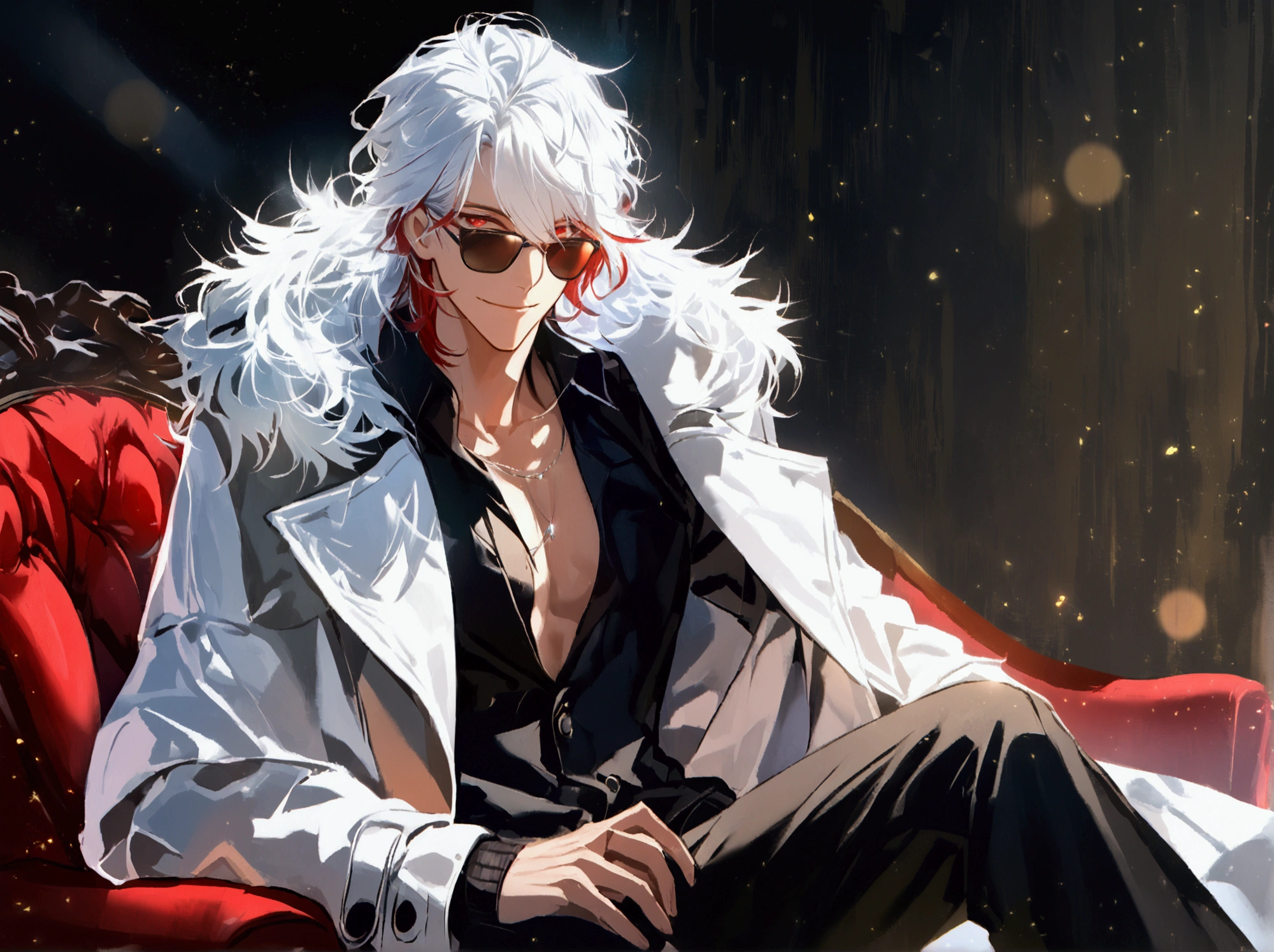 (solo), (1 male), (chibi),handsome men, (one man with white hair with RED inner hair color, red eyes), long hair, messy hair,smile,((masterpiece)), (dark background: 1.3), (stylish), White cardigan with a long black coat , sunglasses ,dynamic angle, (detailed face, detailed eyes, proportional hands, proportional anatomy), sitting in a relaxed pose, sinister atmosphere,young