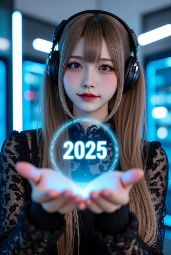 Digital Holograms,Progress and Transition from 2024 to 2025,A loading bar showing the transition from 2024 to 2025,progress,future plans,and goals for the new year,(hologram that floats in the palm of your hand),background futuristic cyber neon style