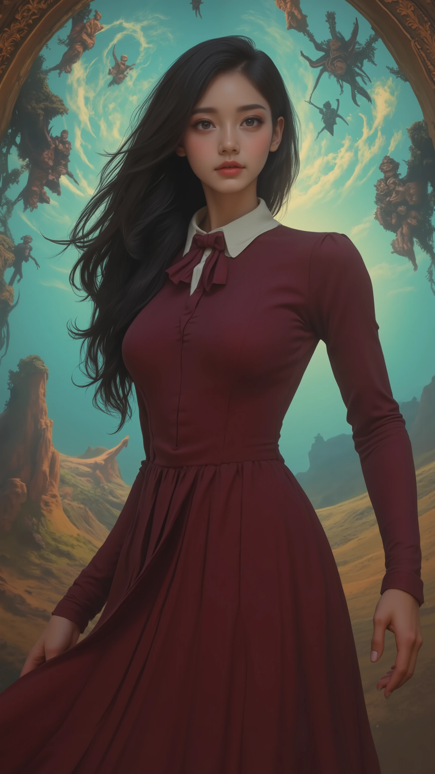 masterpiece, highest quality, woman, ((long black hair, pleated skirt, long-sleeved burgundy red dress, white Peter Pan collar with a bow tie)), Surrealism