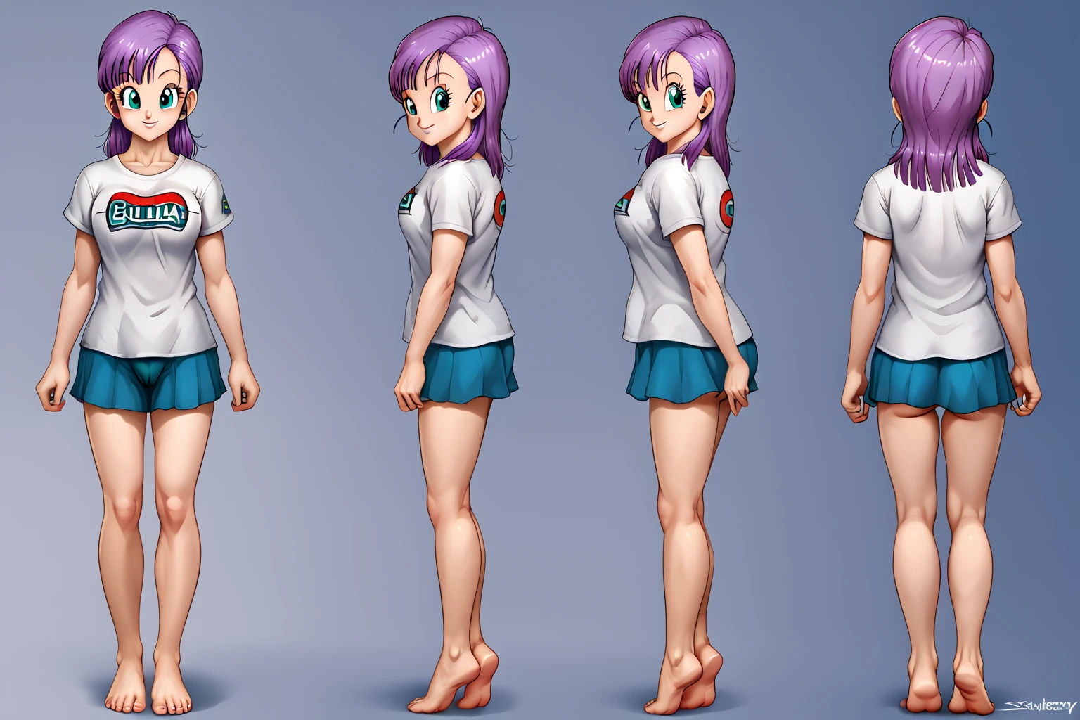 bulma, blue eyes, blue hair,1girl, solo, smile, no background, green eyes, standing, standing on toes,full body, purple hair, nude, barefoot,pussy,beautifull pussy, detailed pussy, beautiful ass, feet, feets,on toes,barefoot, barefoot, soles of feet visible,model sheet,character sheet, costant character,character turnaround,(negative_v2 Color_Balance_Calibration:0.8), AissistXLv2,