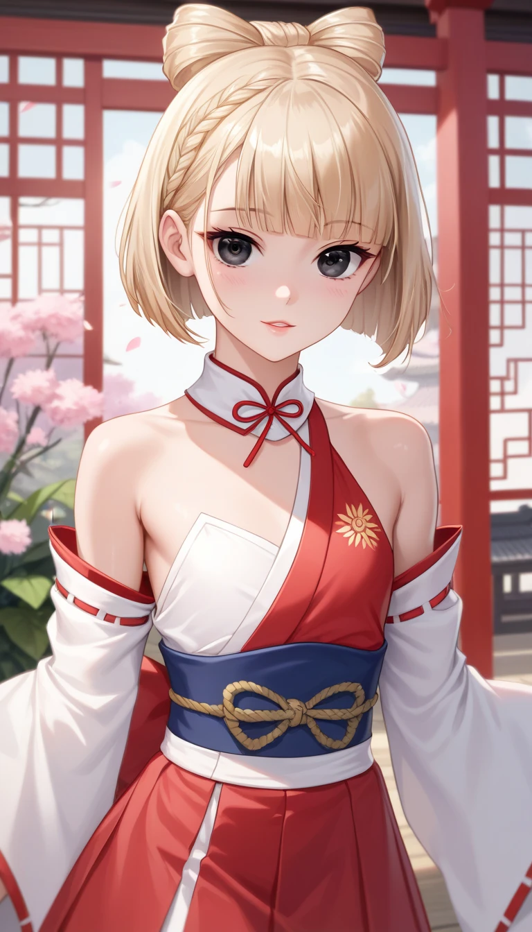 1girl in、Best Quality、、Very cute、A smile、Japanese、、Very cute、glad looking face、short-hair、Golden head hair、beautiful eyes、cleavage、胸の谷間、3D rendering、自撮り、cheongsam、qipao、beautiful embroidery、中華街、