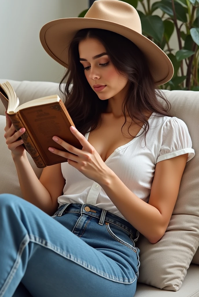 young woman sitting on her back looking at a souvenir photo album