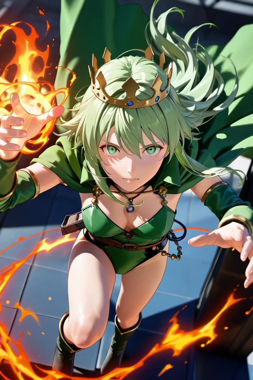 ( Super Realistic Photos , RAW photos  , realism, 3d rendering ,Unity Engine), break 1ガール, Alone, Lydia,  long hair,  green hair, crown,  hair accessories,  green cloak ,  green leotard, Loin cloth,  detach sleeve ,  knee-high boots,break(from above, looking at viewer, face-focus, ( close-up:1.4)), (mage, fire magic, casting, dynamic, fantastical)