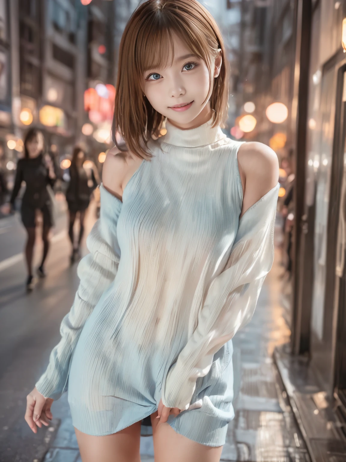 (8K, highest quality, masterpiece, realistic, Super detailed:1.3), (Photoreal:1.2), (Raw photo:1.2), Beautiful detailed girl, Very detailed eyes and face, Beautiful detailed eyes, Ridiculous, Incredibly ridiculous, Ultra detailed, High Definition, Very detailed, Best quality, Masterpiece, ((Trendy clothes)), Illustration, CG, Unity, 8k wallpaper, fantastic, Fine Details, Face Light, Movie Lighting, 1 Girl, with one hand raised and waving, (huge Laughing:1.2), (open mouth:1.2), ((Without Panties)), (Half Dress), (Stockings), (((Absolutely shoulder-length Light Blue straight short bob))), treetscape of Shibuya, Tokyo, (Night: 1.3), (crotch spread), 