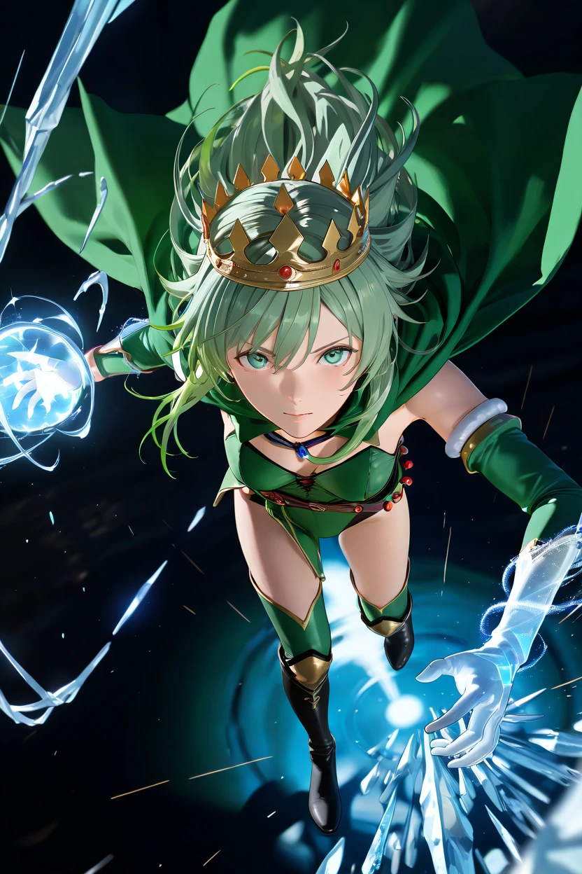 ( Super Realistic Photos , RAW photos  , realism, 3d rendering ,Unity Engine), break 1ガール, Alone, Lydia,  long hair,  green hair, crown,  hair accessories,  green cloak ,  green leotard, Loin cloth,  detach sleeve ,  knee-high boots,break(from above, looking at viewer, face-focus, ( close-up:1.4)), (mage, ice magic, casting, dynamic, fantastical)