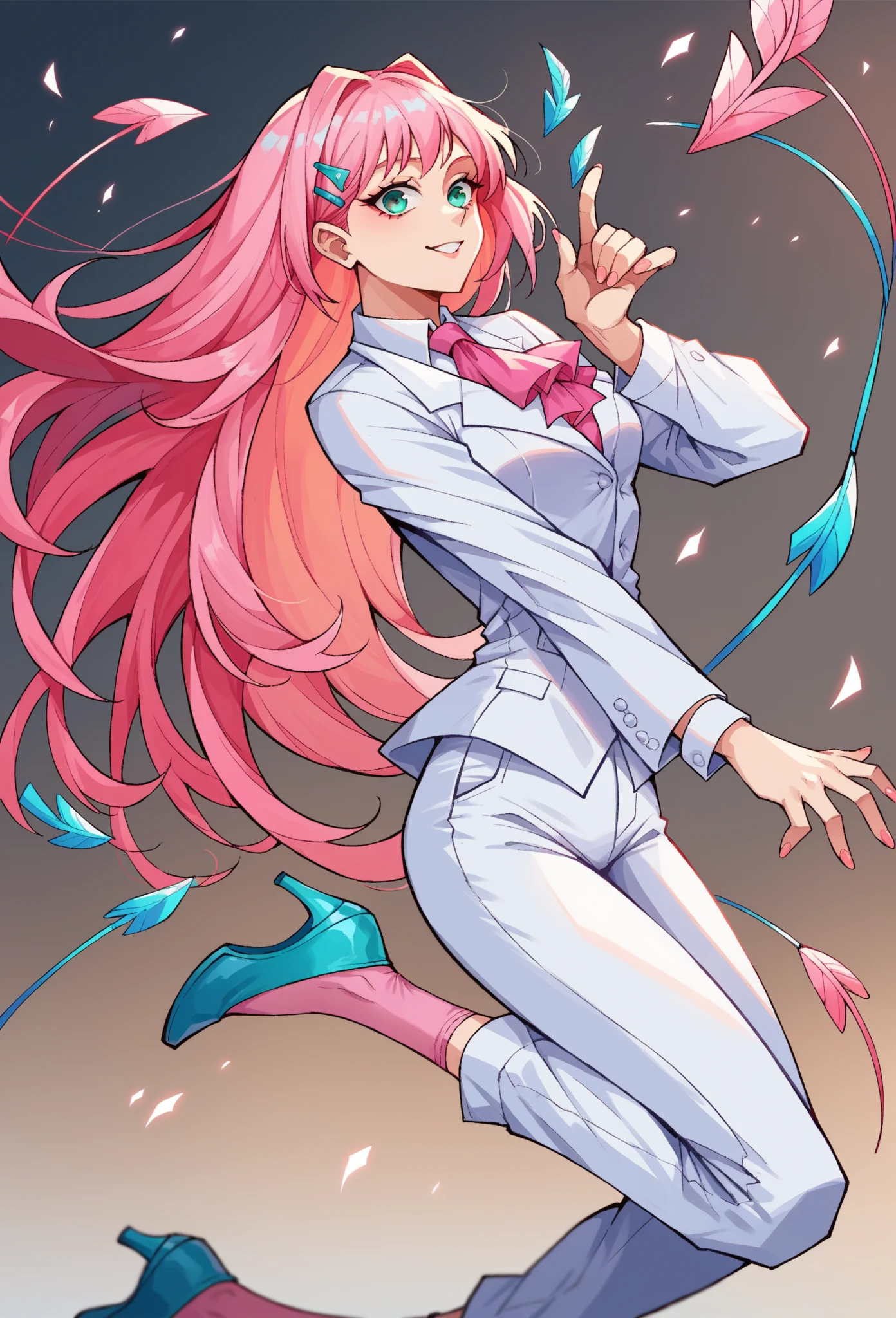 Seo, CEO, long hair, pink hair, turquoise eyes, white suit, pink lapels, blue heels, double arrow shaped hairclip, business suit white pants turquoise shoes pink socks dancing zero two