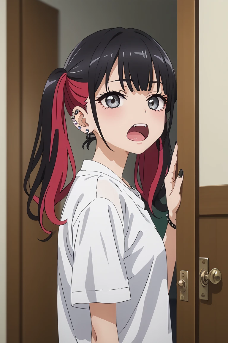 KJOnowa, grey eyes, black hair, multicolored hair, twintails, anime screencap, small breasts, nail polish, black nails,                    BREAK  earrings, piercing, ear piercing, takeda hiromitsu style,                         ideal body,wearing a white loose shirt that shows her cleavage, she just woke up.she's not wearing anything under her shirt,Her hair was messy, while she yawned sleepily,she opened the door for you