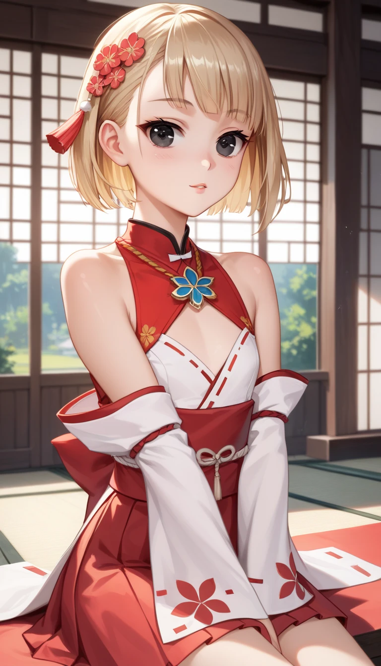 best quality, masterpiece,  
, short hair, orange hair, yellow eyes, tachibana hibiki , hair flower, energetic girl, young girl, (petite girl), 
kung fu, kungfu girl, kungfu suit, ((chinese garden)), ((((serious)))), confident, sweat, sweatdrop, flying sweatdrops, bajiquan,