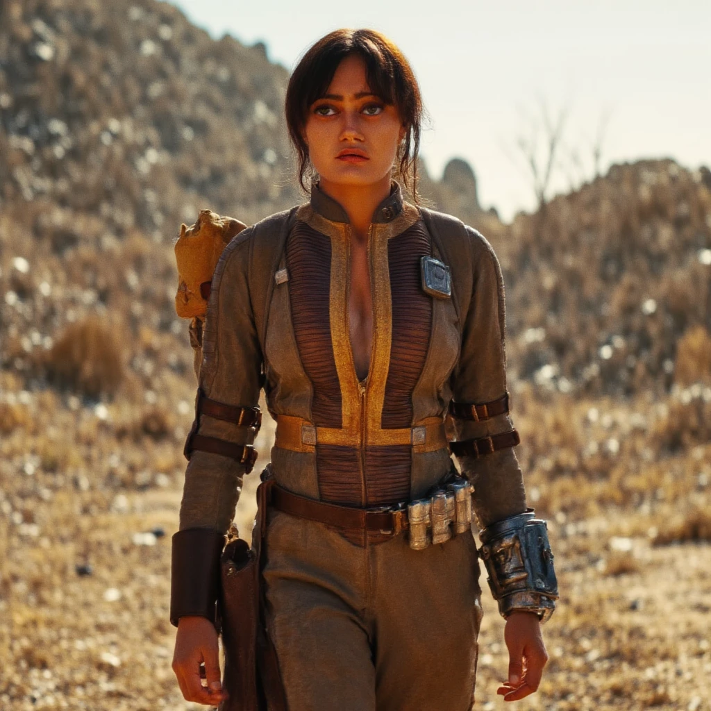 Ella Purnell, English actress wearing a tight Fallout TV show vault suit (a tighter and sexier version of the Fallout Vault suit),  wearing a backpack, with large breasts, cleavage, fit body, looking lost and worried, in a desert with ruins of a city behind,  full body shot, frontal shot, dynamic, high quality, cinematic 