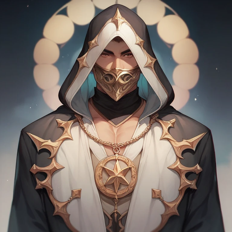 Homem branco grande,um pouco forte com cabelos bem longos e escuros,mouth and nose covered with a veil,and the eyes through a mask,ele usa uma capa preta gigante que tampa todo o seu corpo,and he has a tattoo of a gun on his left arm