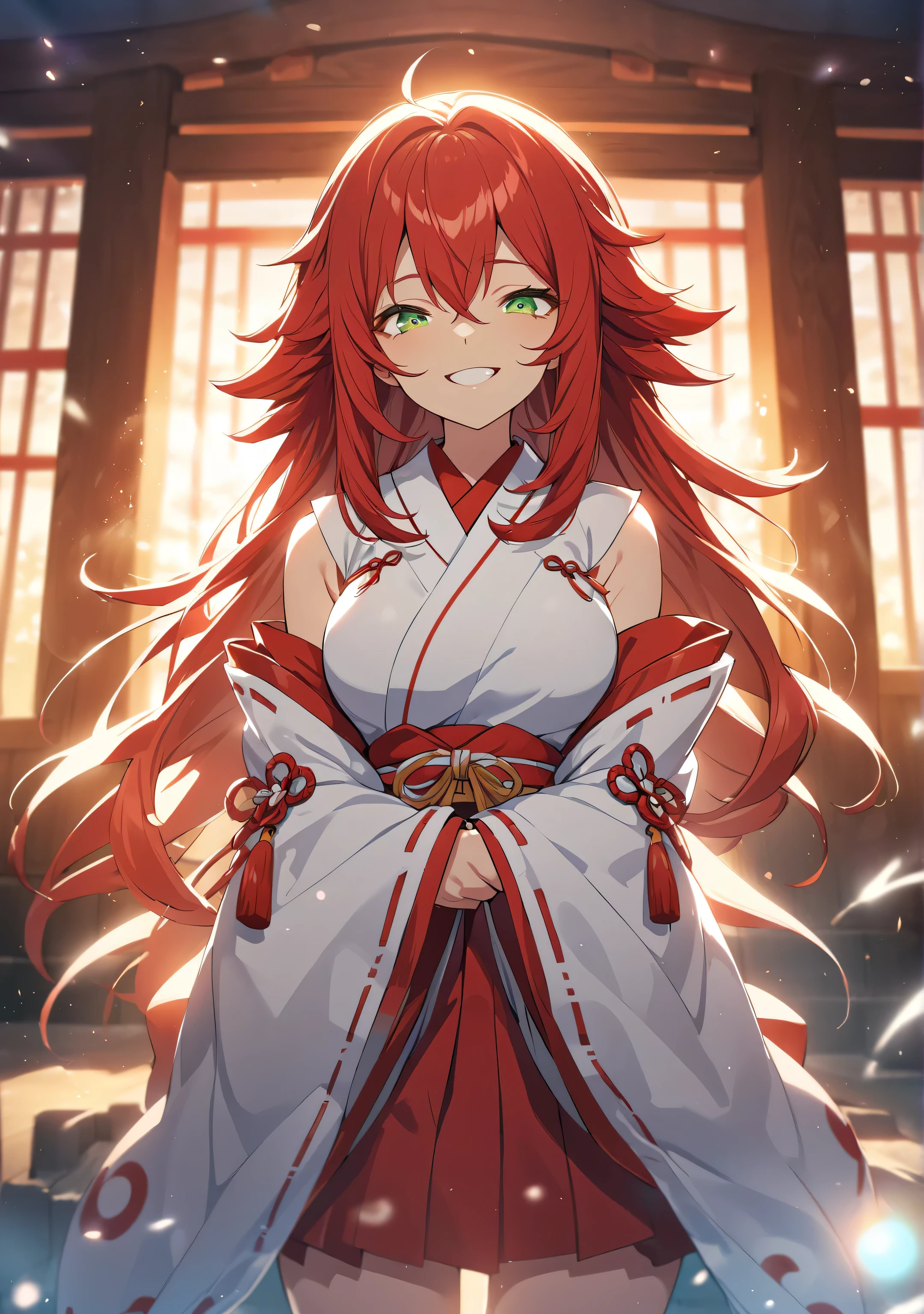 1 girl, Game CG, 
shallow depth of field, a portrait with a soft Gaussian blurred background, creating a dreamy atmosphere, focus on face, 
cowboy shot, from bellow, straight standing, looking viewer, enjoy expression, grin Smile,

(red Hair, spiked hair, deep green eyes, Upturned eyes, Slanted eyes, Clear and Sensual eyes,),
confident expression,

(miko shrine maiden clothes, red skirt, ),

traditional Japanese shrine, visitors wearing kimonos, winter sky, incense smoke rising, serene and respectful atmosphere, 

Firm , High , Intricate details, Perfect Contour,
beautiful sunrise, Lens Flare, Cinematic Light Effects,