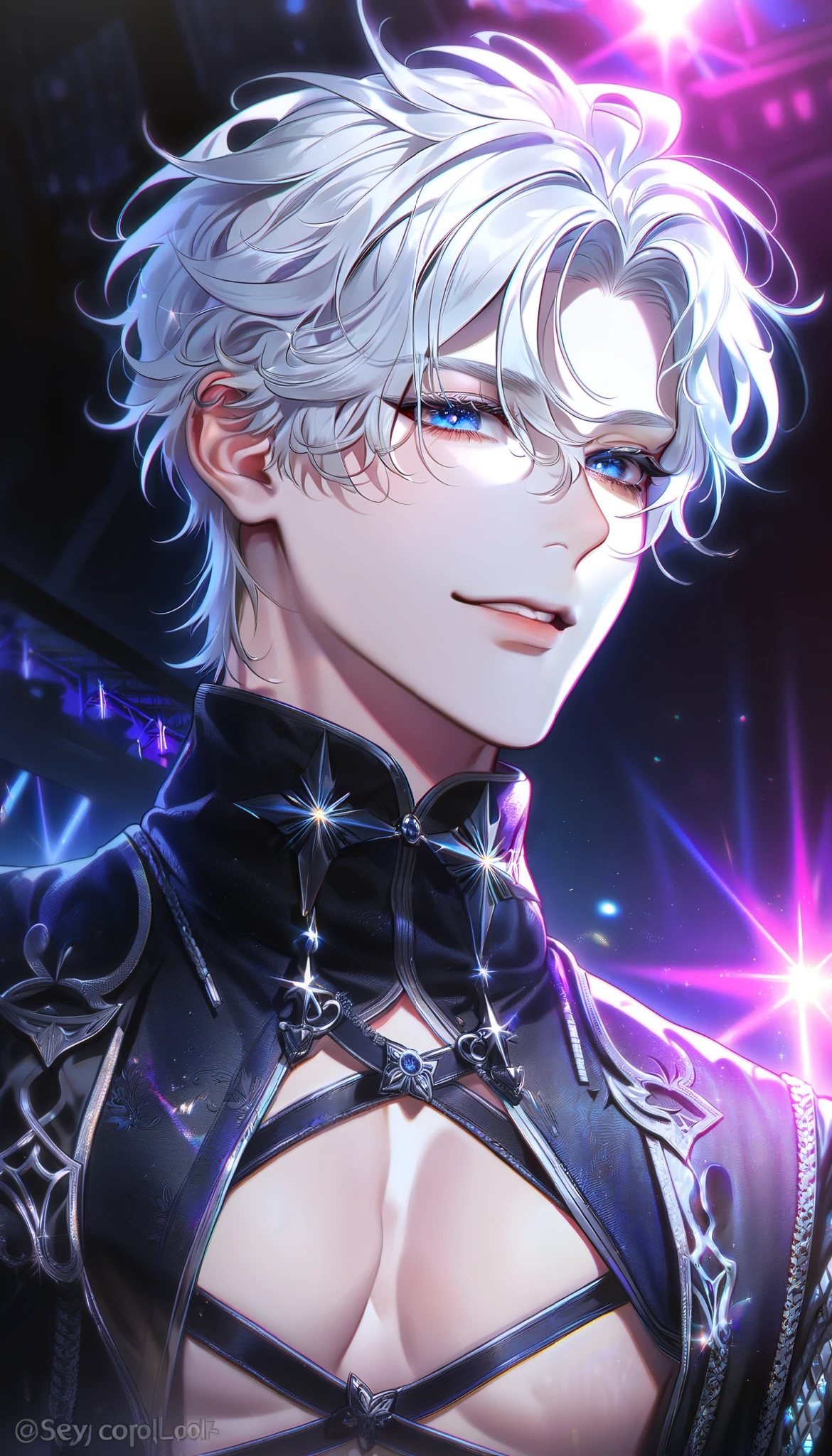 absurdres, highres, ultra detailed, HDR, master piece, best quality, extremely detailed face, delicate features, White hair, messy hair, short hair, no fringe, without bangs, expressive blue eyes, Small eyes, Korean, solo, sexy boy, handsome, sensual, adult face, smirking, black Gothic idol fashion, KPOP, cold, stage, neon lights, vibrant, Transparent, black, Boyfriend