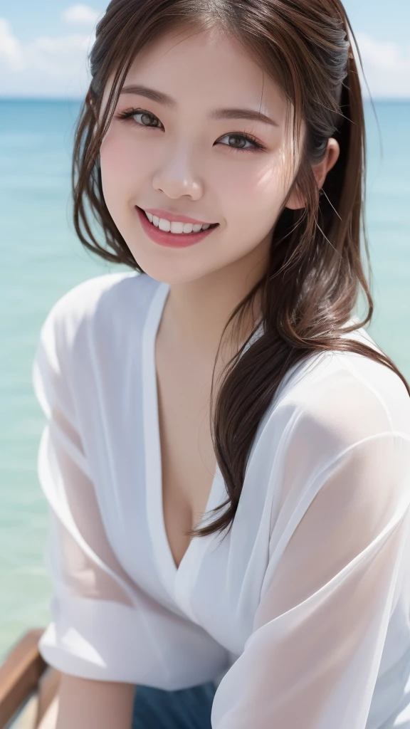 8K RAW Photos, Highest quality, masterpiece, Ultra-high resolution, 3d, Realistic, One Girl, Asian, 茶色のhair, White Dress, length_hair, nose, , neckerchief, Natural skin texture, light brown_eye, detailed eyes and face, lips, lipstick, smile, Beautiful legs, Huge breasts, Beautiful seaside location, (Detailed Background), White Dress, White shirt, Blurred Background, Short sleeve