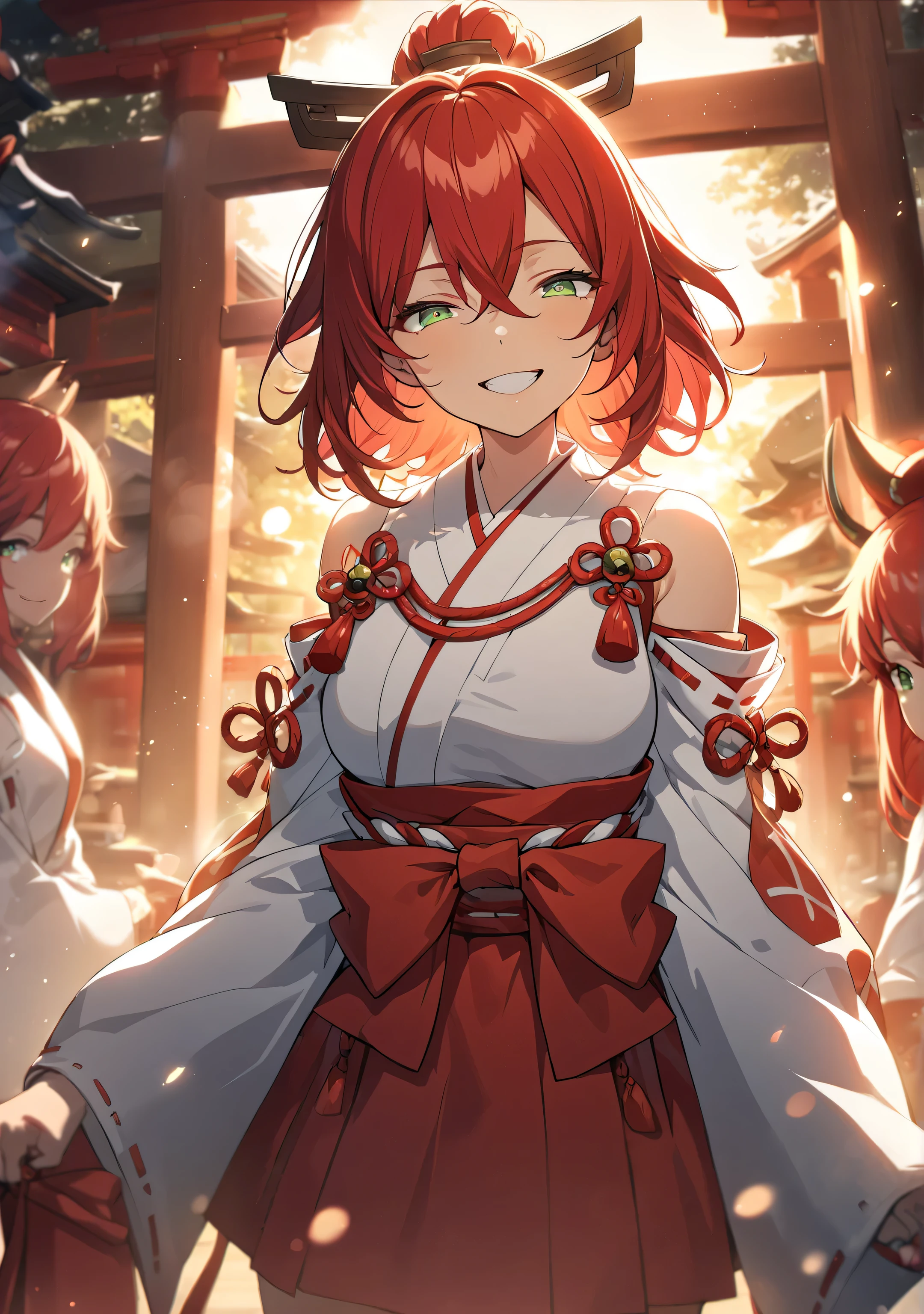 1 girl, Game CG, 
shallow depth of field, a portrait with a soft Gaussian blurred background, creating a dreamy atmosphere, focus on face, 
cowboy shot, from bellow, straight standing, looking viewer, enjoy expression, grin Smile,

(red Hair, spiked hair, deep green eyes, Upturned eyes, Slanted eyes, Clear and Sensual eyes,),
confident expression,

(miko shrine maiden clothes, red skirt, ),

traditional Japanese shrine, visitors wearing kimonos, winter sky, incense smoke rising, serene and respectful atmosphere, 

Firm , High , Intricate details, Perfect Contour,
beautiful sunrise, Lens Flare, Cinematic Light Effects,