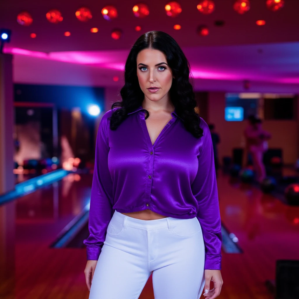 In a bustling bowling alley, the atmosphere is electric with the sounds of laughter and the clatter of bowling pins. Angela White, a striking young woman, stands confidently in the center, her tight white jeans accentuating her curvaceous figure and thick thighs. She wears a vibrant purple women’s bowling shirt with a vertical white/black stripe that hugs her body, the fabric shimmering under the artificial lighting. Her 32G breasts create a captivating silhouette, drawing the eye amidst the neon lights that flash in shades of pink and blue, casting playful shadows on the polished wooden lanes. The scene is infused with a noir aesthetic, where the contrast between light and dark heightens the drama, evoking a sense of nostalgia for retro bowling alleys. Angela’s expression is a mix of determination and joy, embodying the spirit of competition and camaraderie. The spatial arrangement of the bowling balls and pins in the background adds depth, while the vibrant colors create an emotional atmosphere of excitement and fun, inviting viewers to immerse themselves in this lively moment.