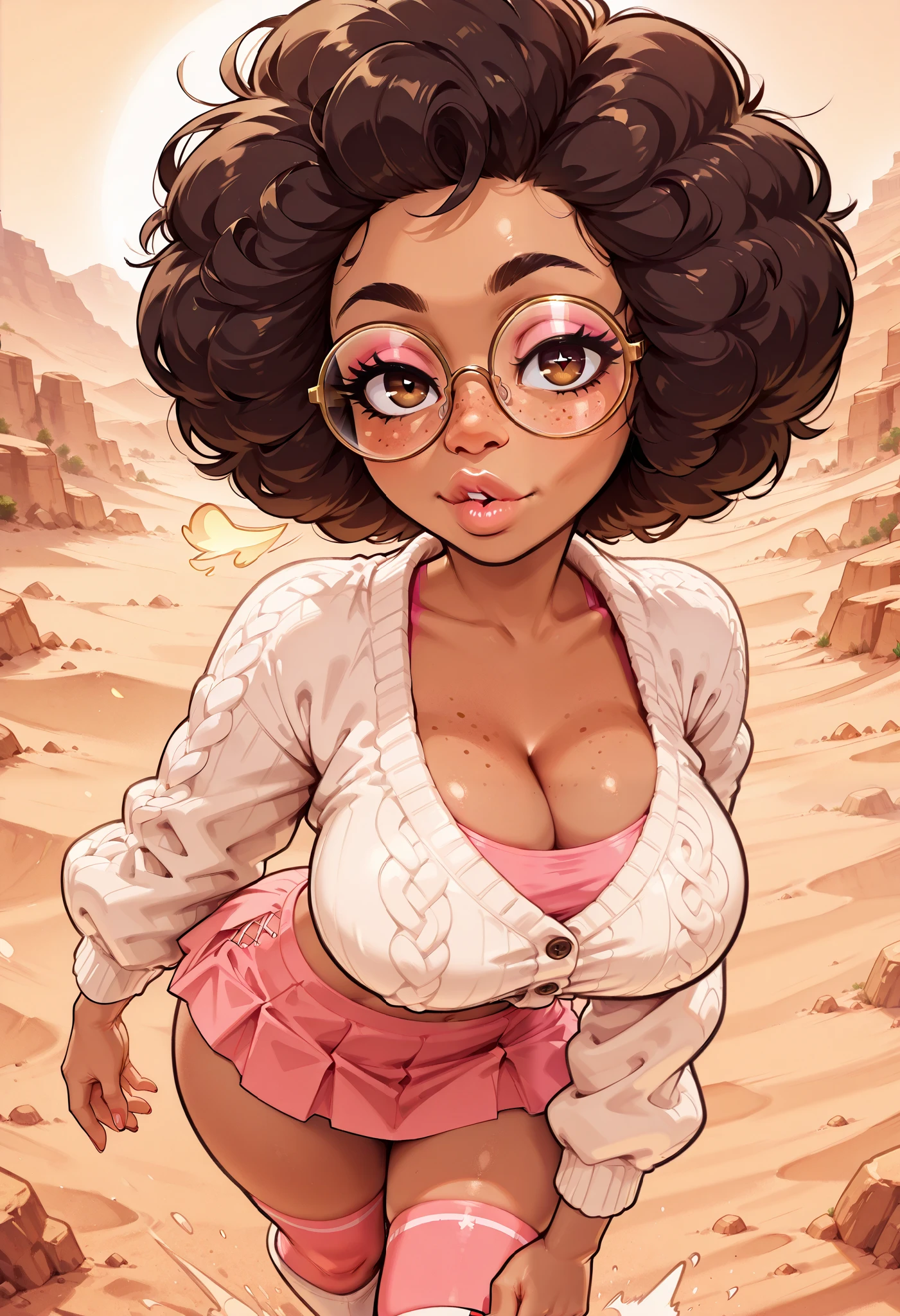 (masterpiece), 1girl, solo, best quality, expressive eyes, perfect face, newest, perfect anatomy, flawless face, dark brown skinned African female, hud_afr0hair, afro, curly black hair, glasses, big nose, full lips, white cardigan jacket with pink crop top polo shirt underneath, short black miniskirt, pink knee high socks, white panties, color saturation, makeup, lipstick, glossy lips, freckles, white boots, big breasts, big butt, hair blowing in wind, cleavage, looking at viewer, walking in the desert, showing a white panty shot from the front, smiling, pov from front, absurdres, very aesthetic, backlighting, backlit