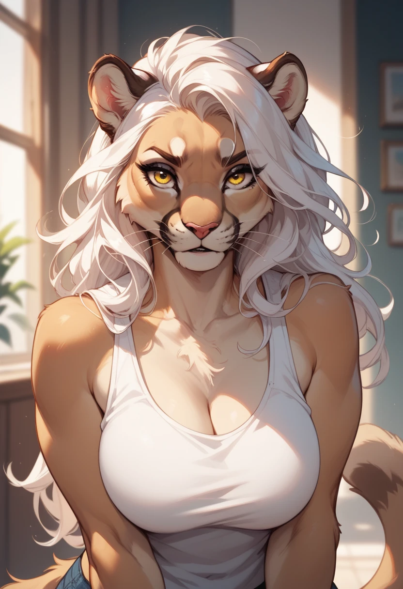 ((meesh)), ((by meesh)), (best quality, masterpiece:1), solo, anthro, furry, female, ((Snow Leopard)), blind, white eyes, ((no pupils)), white hair, shaggy long hair, portrait, fingers, finger claws, looking at viewer, snow leopard tail, ((large tuft of hair on the chest)), ((bra)), ((medium breasts)), dull eyes, ((1woman)), bedroom, white fur, fluffy fur, shaggy fur, ((close up photo)), ((headshot)), ((seductive expression)), slim
