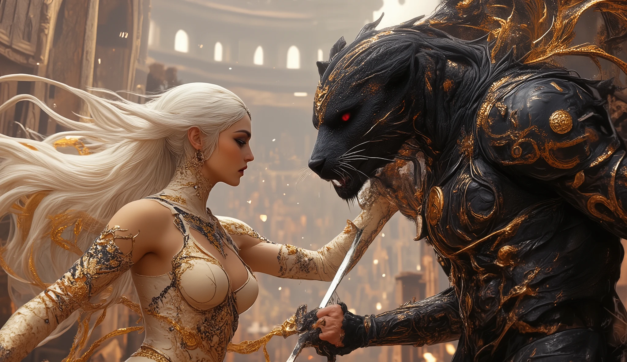 (best quality, 128k,highres,masterpiece:1.2),ultra-detailed,(realistic,photorealistic,photo-realistic:1.37), ((masterpiece)) ((photography)) ((Highest quality)) An epic battle takes place in an ancient arena, featuring a warrior woman with long white hair, adorned with intricate jewelry and wearing an ornate golden outfit, facing a humanoid beast resembling a black panther, clad in dark decorative armor with metallic details. The woman wields a gleaming sword as they clash with intense expressions. In the background, a classic coliseum filled with spectators, shrouded in a slight mist that heightens the scene's tension. The lighting is dramatic, emphasizing the textures of the skin and armor, with warm tones on the metals and cool tones on the stone surroundings. The visual style is hyper-realistic and cinematic, highlighting dynamic motion and contrasts between golden and dark colors.