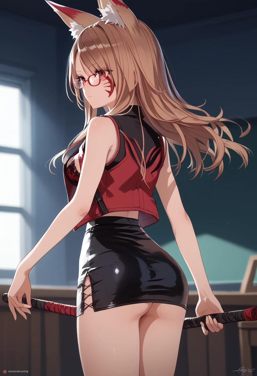  dark leather, hair covers the eye, rpg, ,  bare shoulders are visible,  1 girl fights,  long blond hair, brown hair , 4K,  red eyes , , fox ears,  standing device, hair template ,   red stripes on face, makeup,   black mascara  , cutout,  unbuttoned buttons ,  vest , bra,  short dress , , glasses, at school, ass