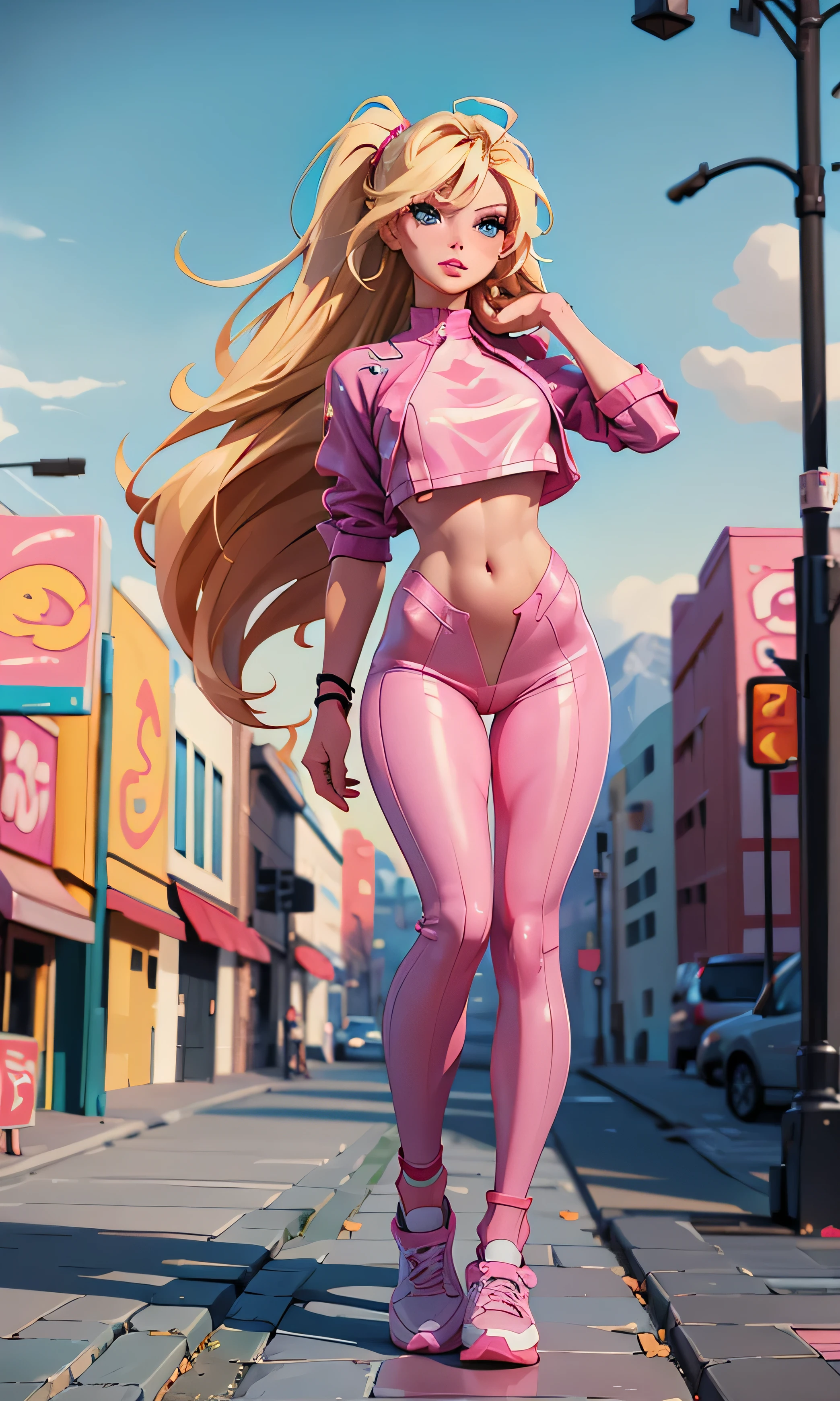 Masterpiece, Barbie Sins, babe, beautiful, slim, head on,  watching the spectator, long hair, blond hair, blue eyes, full body, pretty legs, abdomen plano, sexy outfit, transparent outfit, pink top, top and red cropped pants, sports shoes, (((naked))), on the street, dark sky, Danger Zone, 