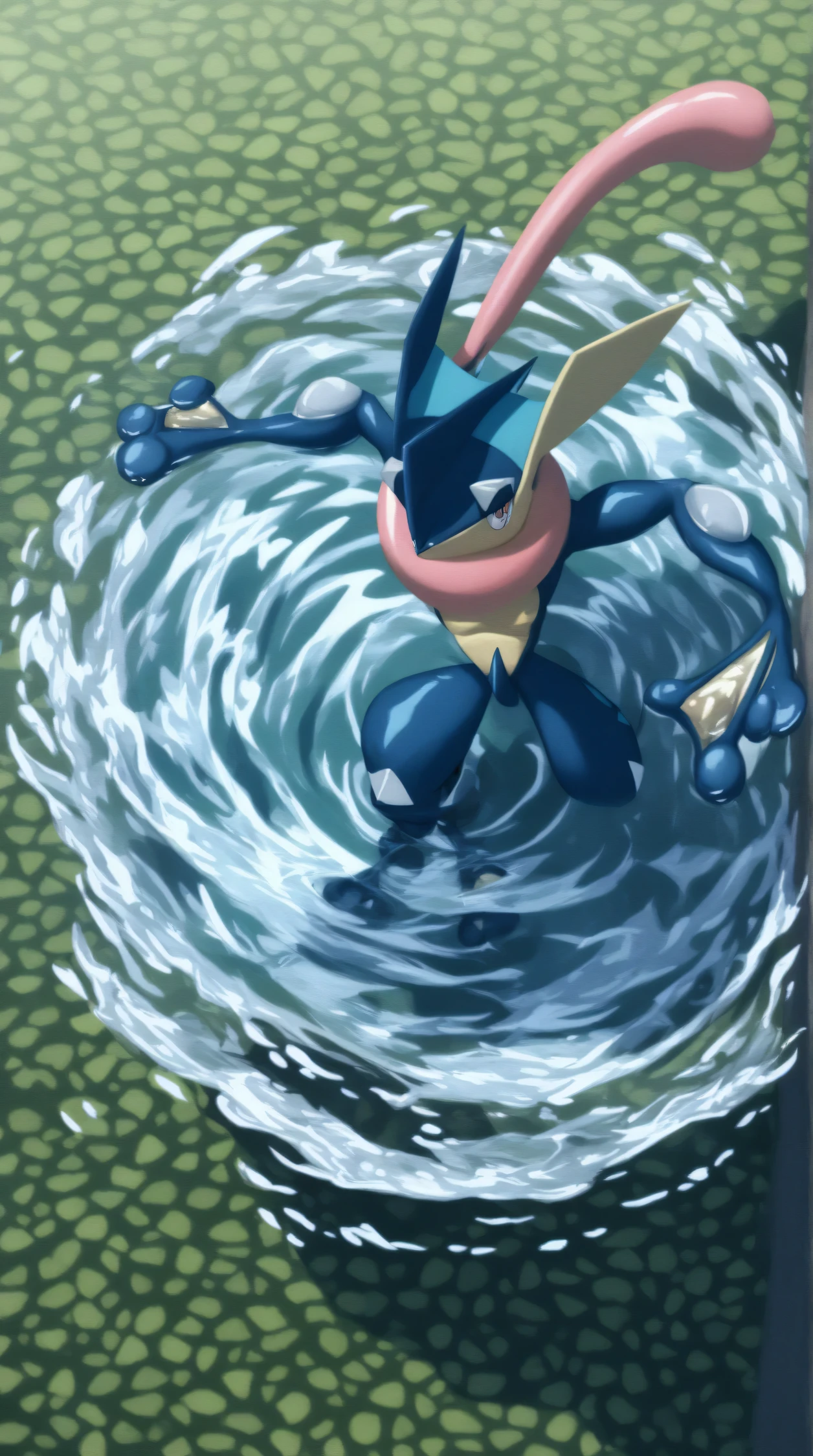  score_9,  score_8_above,  score_7_above,  score_6_above,  score_5_above,  score_4_above,   source  _ hairy, pokemon (creature),  greninja _predetermined, Alone, de pie sobre una pierna, Water,  full body, Ojos rojos, bright paboveils, white paboveils, eyes, male  greninja 