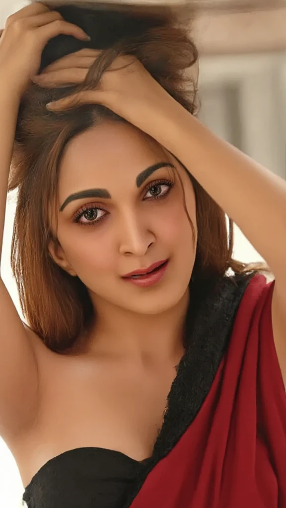 Full body photo of hourglass figure Mature Indian Bengali Aunty with dusky skin, showing her large U cut Cleavage, Red Sindoor on her forehead, Both hands streched up above head showing dark hairy armpits, very long silky Hair , nice curves, , sensual, erotic,  hairy armpit, bending forward to show her cleavage ,   , part of her nipples seen.hd 8k, on yacht with sea in background , saree 