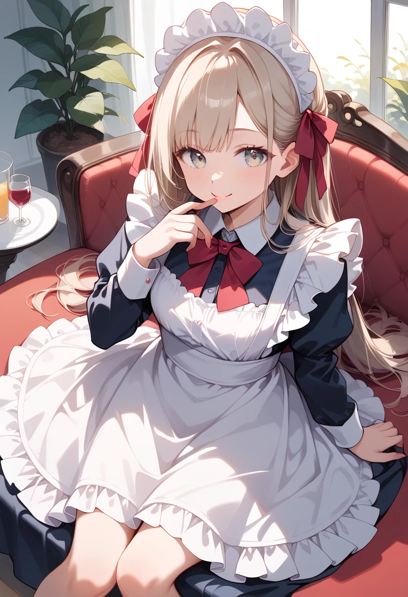 ((masterpiece, best quality, ultra detailed, high resolution, detailed facial description)), (1 girl), (maid, maid headdress, maid apron, microskirt:1.3, red ribbon), (black long hair:1.2), (lace panties), (light makeup), (Sit on the sofa, maid feeding the Viewer), (light smile, light blush), (inside a maid cafe, table), (from above)