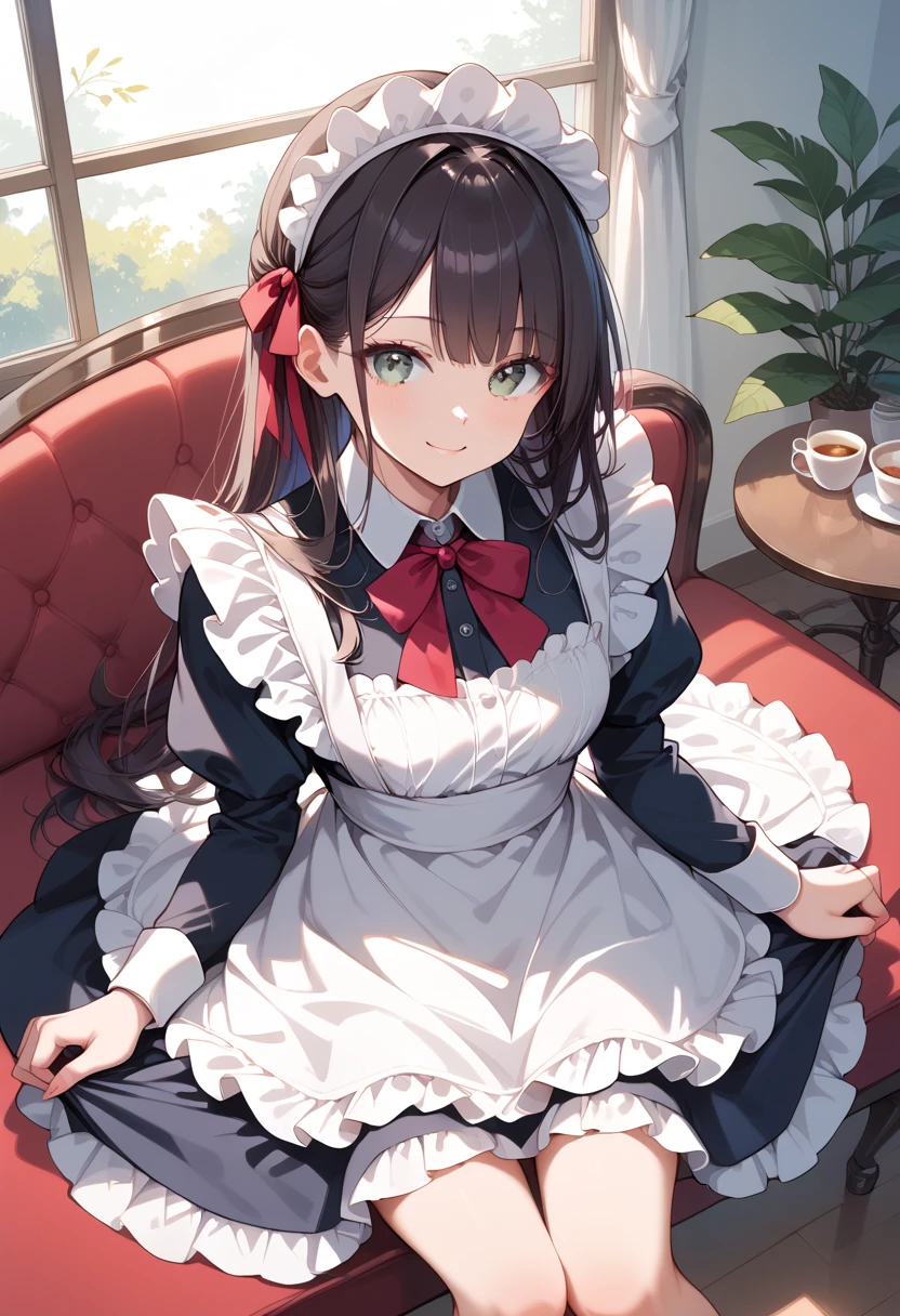 ((masterpiece, best quality, ultra detailed, high resolution, detailed facial description)), (1 girl), (maid, maid headdress, maid apron, microskirt:1.3, red ribbon), (black long hair:1.2), (lace panties), (light makeup), (Sit on the sofa, maid feeding the Viewer), (light smile, light blush), (inside a maid cafe, table), (from above)