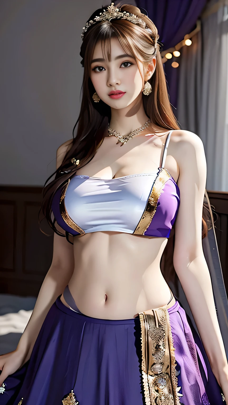 russian beautiful girl in purple and white saree, small cleavage line, medium breast, beautiful blue eyes, black jeggings, puffy, saree, blouse