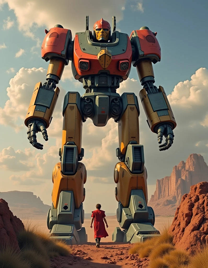 1960's pulp fiction style art, (Roman Gladiator appearance:1), Jaeger, large mecha robot, mecha, tremendous mecha robot, giant robots, colossal robot, cinematic, real steel, Pacific Rim, cinematic full shot, giant broken robot, mech, Mechwarrior, battletech, robotech, macross