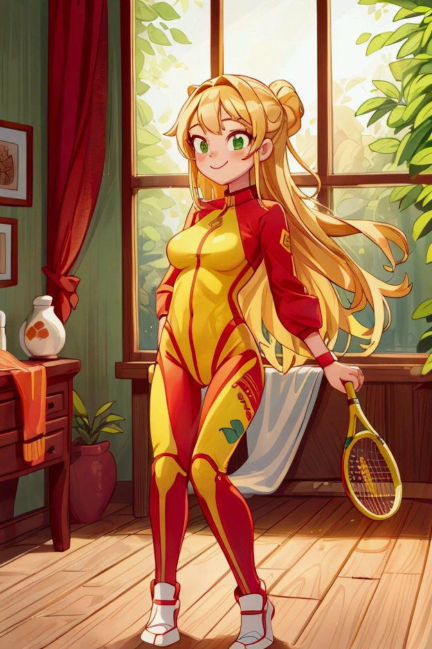 (Masterpiece, best quality) 1 girl, standing indoors with intricate details and sunlight, red and yellow sport suit, red sport tennis, blonde long hair, green eyes, sexy smile, sexy pose, coquette, beautiful long legs, mature  girl, gorgeous body, pronounced breasts.