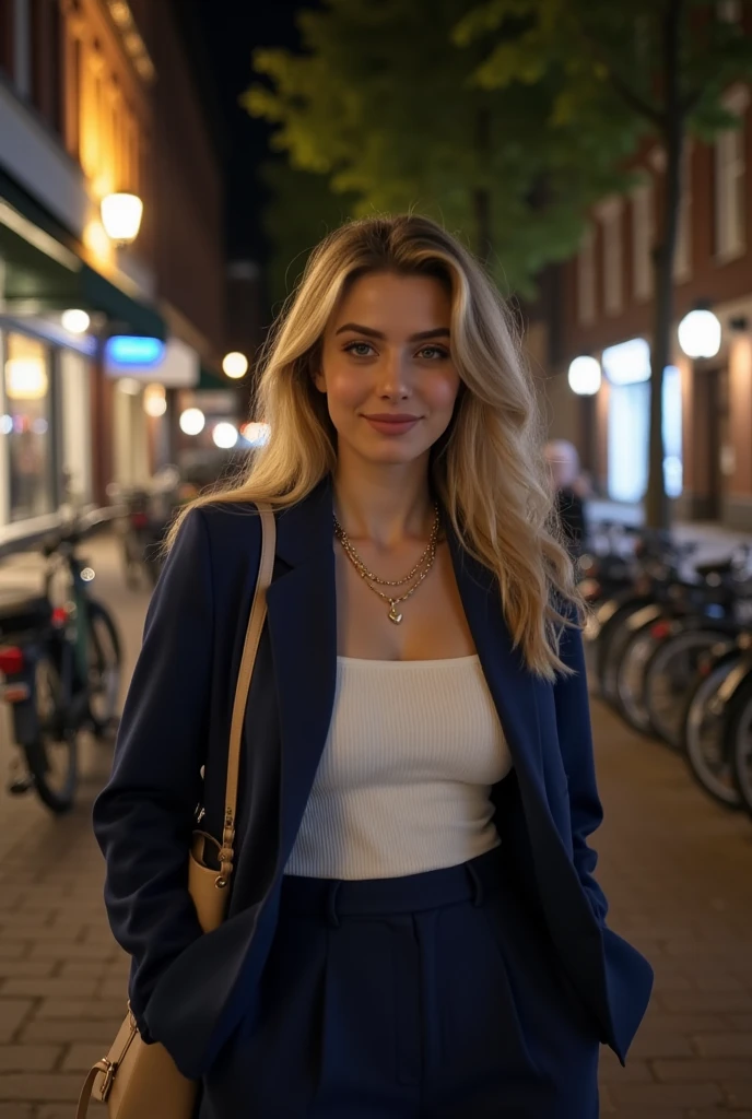 Portrait of a 23 yeras old european woman with soft facial features and with dark brown hair, smiling, dark blue eyes, and a squared face shape, detiled face, she has a medium breast size, imperfect skin, realistic skin, standing on a dimly lit urban street at night, wearing a chic outfit consisting of a navy-blue blazer, wide-legged navy trousers, and a fitted white ribbed tank top. She has long, blonde, tousled hair and accessorizes with a layered gold necklace and a beige shoulder bag. The scene is illuminated by soft streetlights and ambient lighting from nearby buildings, casting warm, natural shadows. The background features a city street with a row of parked bicycles, storefronts with glowing signs, and trees adding depth to the nighttime atmosphere. Photorealistic, high detail, cinematic lighting, shot with a iphone 14 pro. Detailled background. The mood is tranquil and sophisticated, evoking a sense of luxury and serenity.