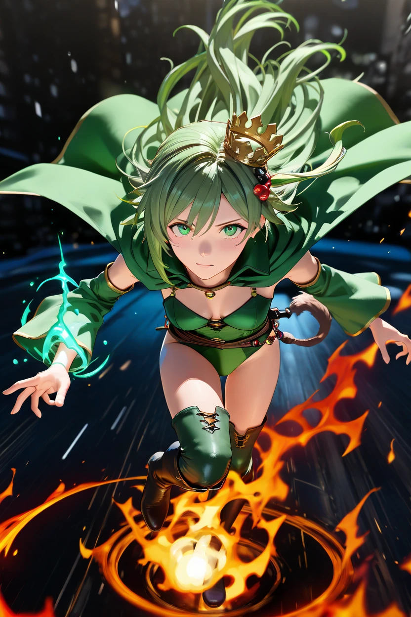 ( Super Realistic Photos , RAW photos  , realism, 3d rendering ,Unity Engine), break 1ガール, Alone, Lydia,  long hair,  green hair, crown,  hair accessories,  green cloak ,  green leotard, Loin cloth,  detach sleeve ,  knee-high boots,break(from above, looking at viewer, face-focus, ( close-up:1.4)), (mage, burst of flame magic, casting, dynamic, fantastical)