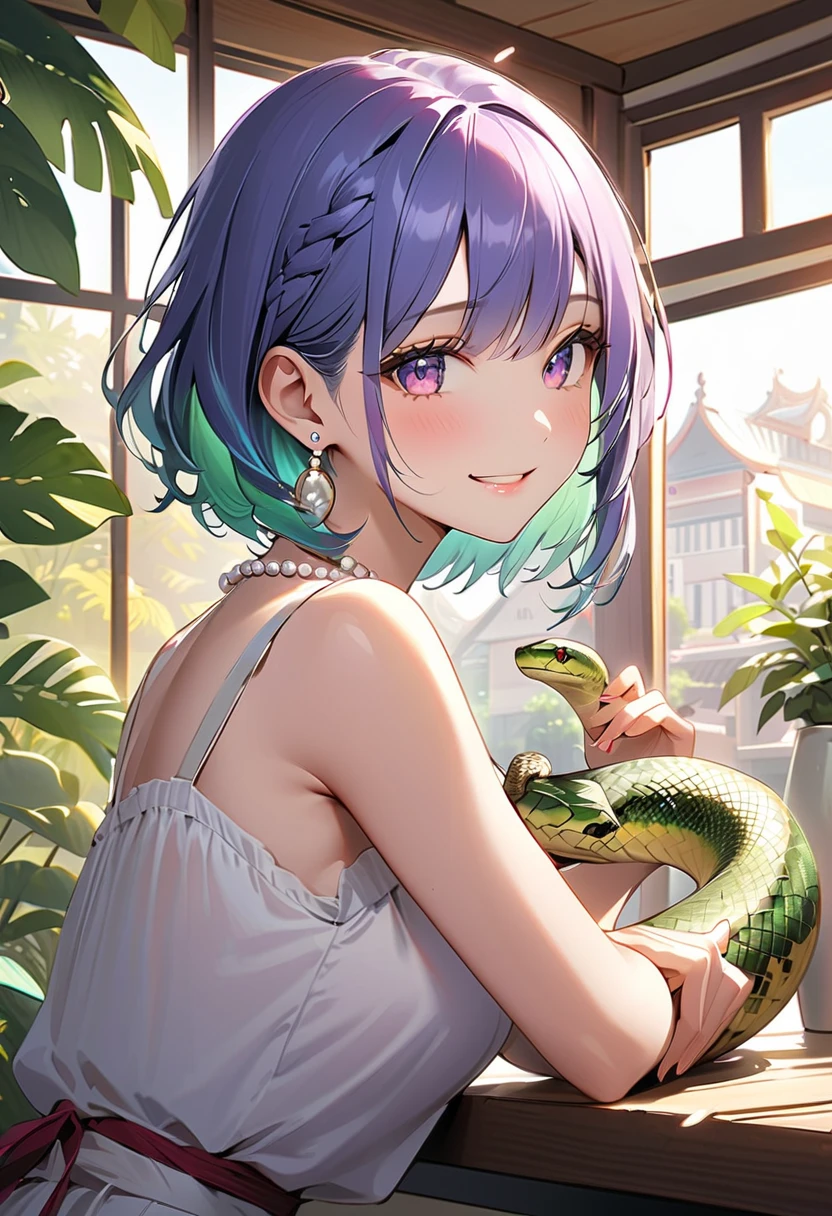 (Top image quality)，2023 Animation，Top animation quality，High-resolution details，Detailed wallpaper，(masterpiece)，(medium view), solo，A woman，upper body，Real style hair，neat lavender hair，neat bangs，Realistic style eyes，clear(Golden pupils)，Beauty，light smile，(Wearing only a black off-shoulder long-sleeved T-shirt with lace，a USB at necklace)，large breast，(Cleavage)，(holding and near a snake，that python)，cinematic shadow，Ray Tracing，Tropical rainforest background，(Depth of Field)