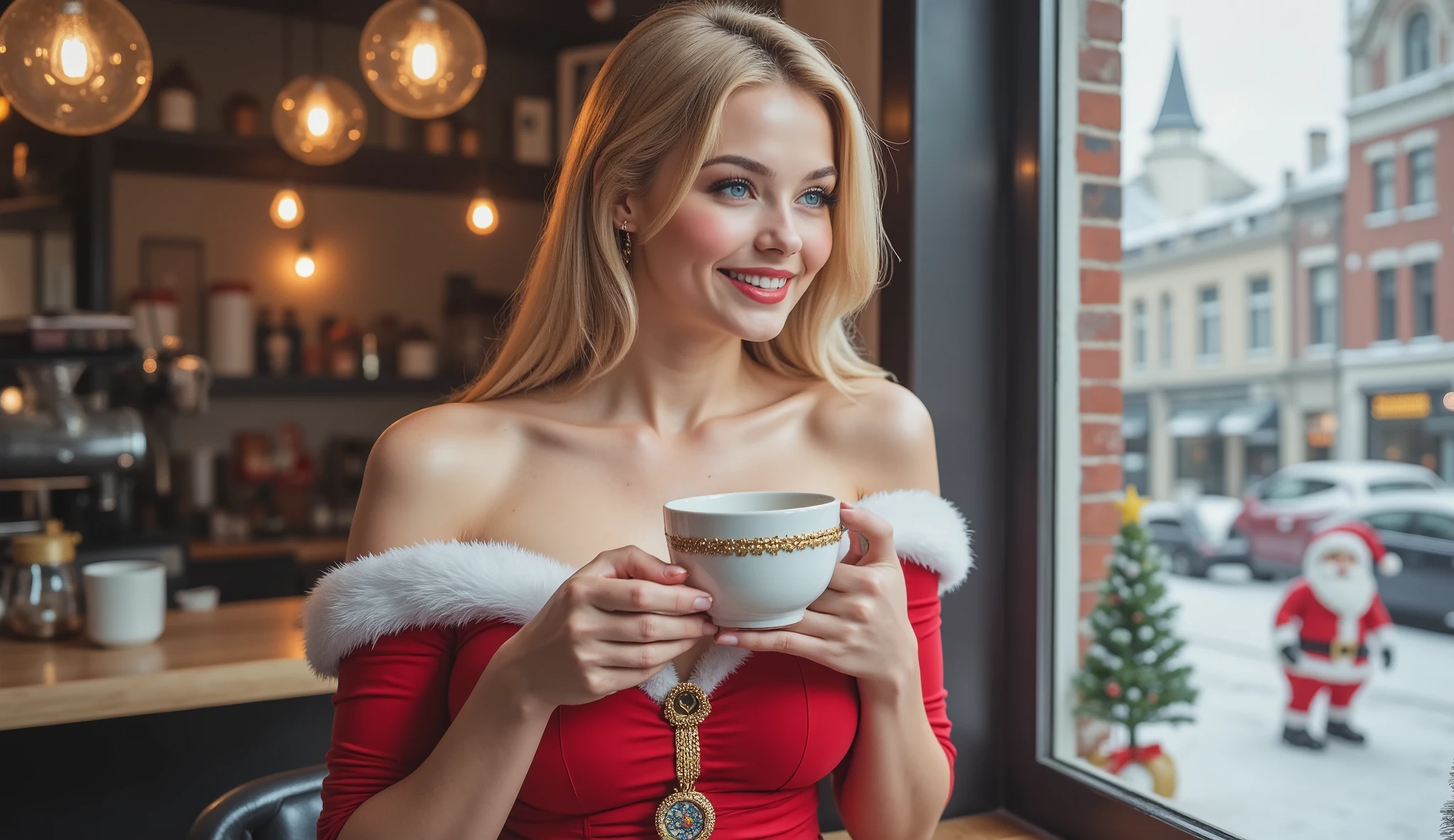 A 20-30s light-skinned woman, smiling warmly and holding a coffee cup, seated in a cafe. Santa Claus-themed off-the-shoulder top with red bodice and white fur trim. Blonde hair, styled in loose waves.  She's looking out a window at the softly falling snow.  The cafe is decorated for the holiday season, with Christmas ornaments and figurines.  A snowy city street scene is visible through the window.  Natural lighting illuminates the cafe interior; a warm, inviting atmosphere.  Warm earth tones, rich reds, whites, and beige blend in the cafe's interior. Focus on the woman's expression, and the holiday decorations.  Composition is centered on the woman; the background is slightly blurred.  Soft focus on the woman, with sharp focus on the coffee cup in her hand, and subtle bokeh on the background.  Detailed, realistic lighting and snow-covered city streets outside.  A holiday-themed, romantic, and festive vibe.  Candid portrait style.