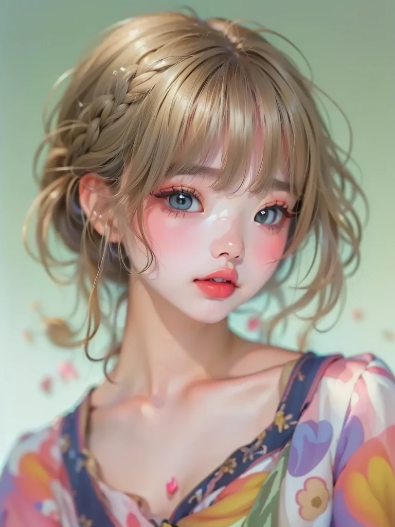 ((Extremely realistic)), ( super real), generate a highly realistic image, white backdrop,,-yeld fee,high school student、black long hair, I'm hiding my forehead with bangs,white-silver-colored eyes,Long false eyelashes that are about to come off,Thick lips,Clear eyeliner、, Moisturized Lips with Clear Lip Balm、 Open the center of your lips、extremely detailed lips, large mouth, full, plump, lip balm to make your lips shiny and shiny、淡いpink lips, transparent lip gloss,Depict breasts、 Cute Halloween Pumpkin Tops 、Pumpkin Hair Ornaments