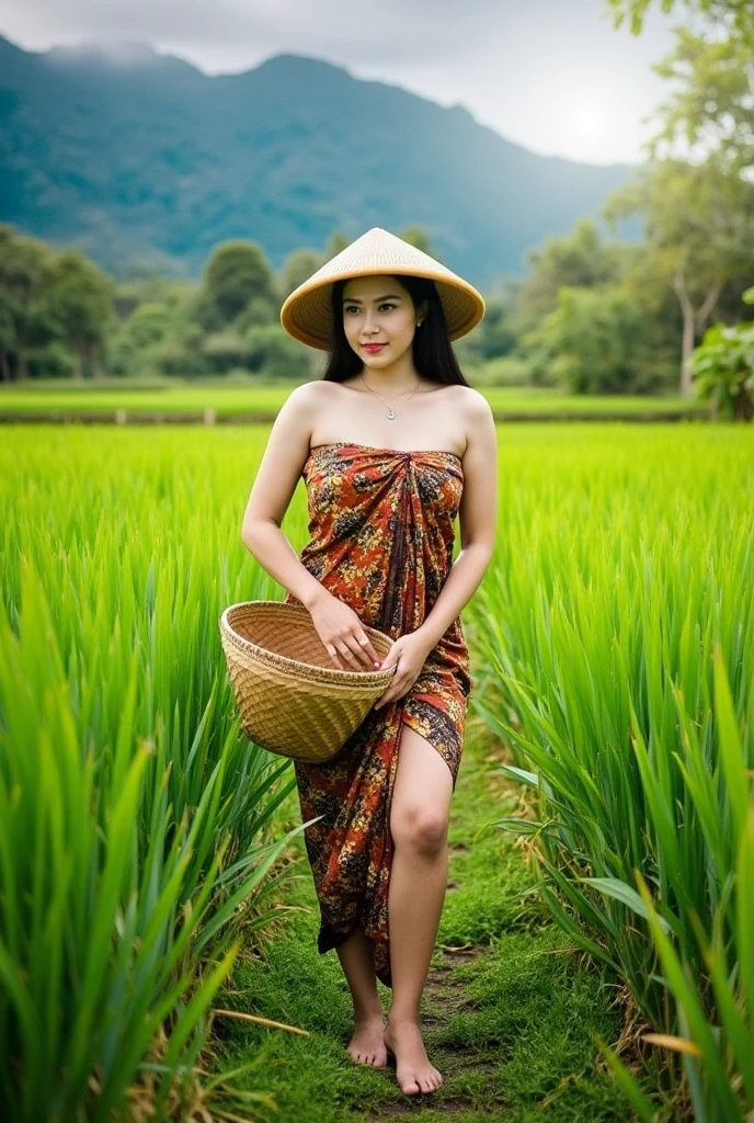 (masterpiece, best quality:1.2), 1girl, solo, batik sarong, ((large breasts:2)), Photo of Pretty Indonesian woman, ponytail, wearing hat, holding the bamboo basket, walking at the rice field, sunny day with tropical mountain as the background details. Look at the viewer, 