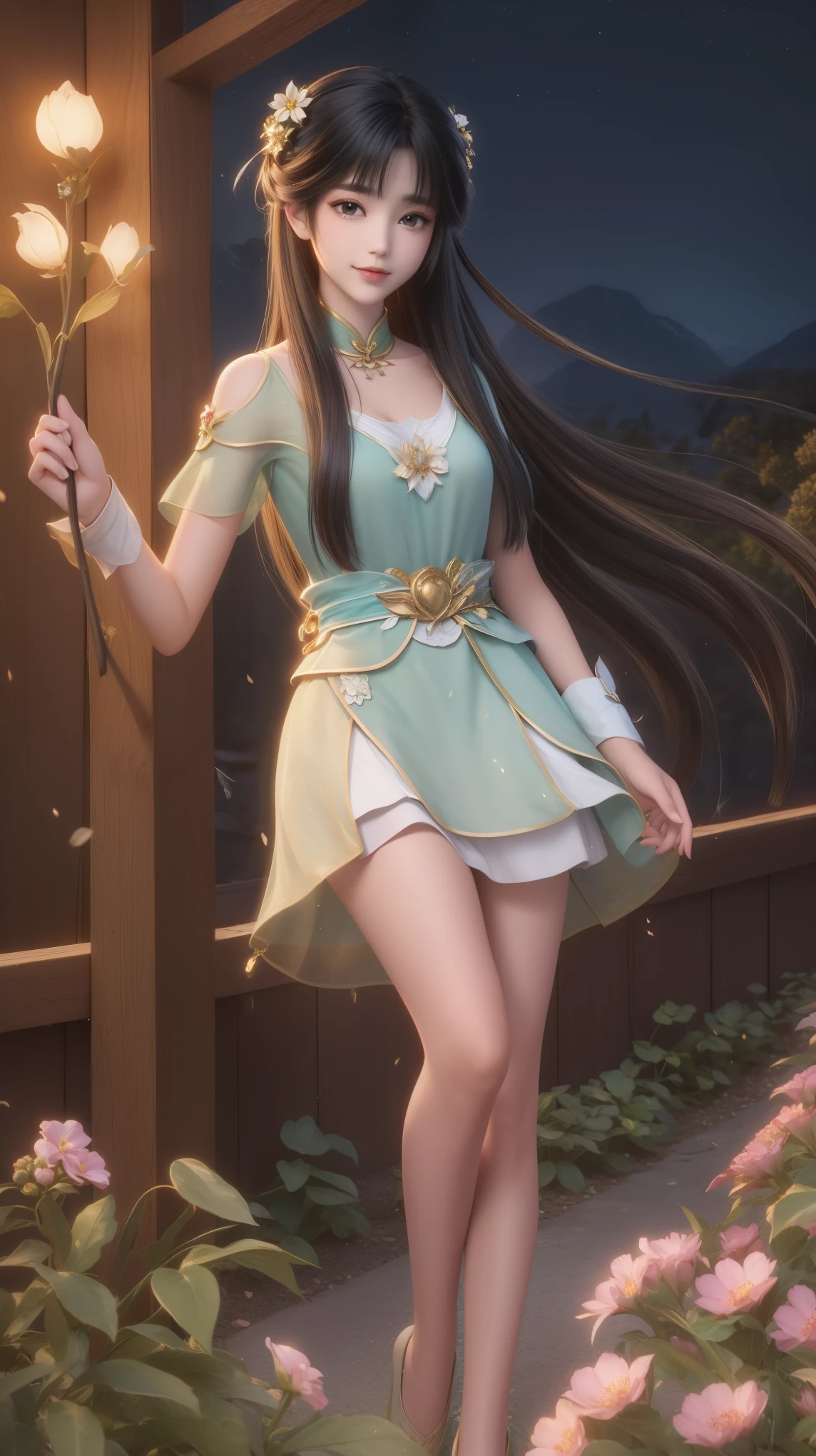 1girl, li girl with long brown hair, smiling, cheerful, girl is standing among a wide expanse of flowers,girl posing gracefully , surrounded by beautiful flowers, Calm and peaceful atmosphere, night, moonlight , Beautiful glowing butterflies surround the girl lighting up the darkness of the night, magic,Romantic, the night breeze blows the Sepoi Sepoi girl's hair,