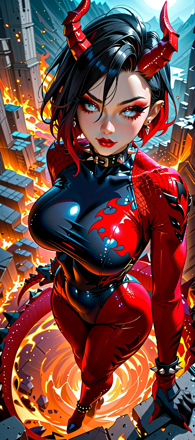 score_9, score_8_up, score_7_up, solo, 2girls, Expressiveh, source_anime, masterpiece, masterpiece, demoness, sharp demon horns, full body, ht_riza, reptile woman, monster girl, ((scaled skin, reptile skin:1.3)), ear piercing, earrings, spiked collar, scales, spiked shoulder pauldrons, sinozickexpressaiu, ExpressiveH, sassy, heart, long black hair with red streaks with bangs, red highlights, closed mouth, reptilian skin, tattered torn clothing, bodysuit, ((eyes fully closed)), black lipstick, black eyeshadow, thick eyelashes, choker with spikes, legs spread wide open, thigh high boots, black spiked gloves, busty fake breasts, thin waist, curvy hips, attractive face, dynamic motion, epic pose, black gloves, black platform boots, spiked bracelet, white eyes, full body, apocalyptic landscape, dark night, lava, fire, flames, dutch angle camera tilt, looking at viewer, turned on, mischievous,  legs spread wide open, dynamic angle, from above, three-quarters view), from directly above, no tail