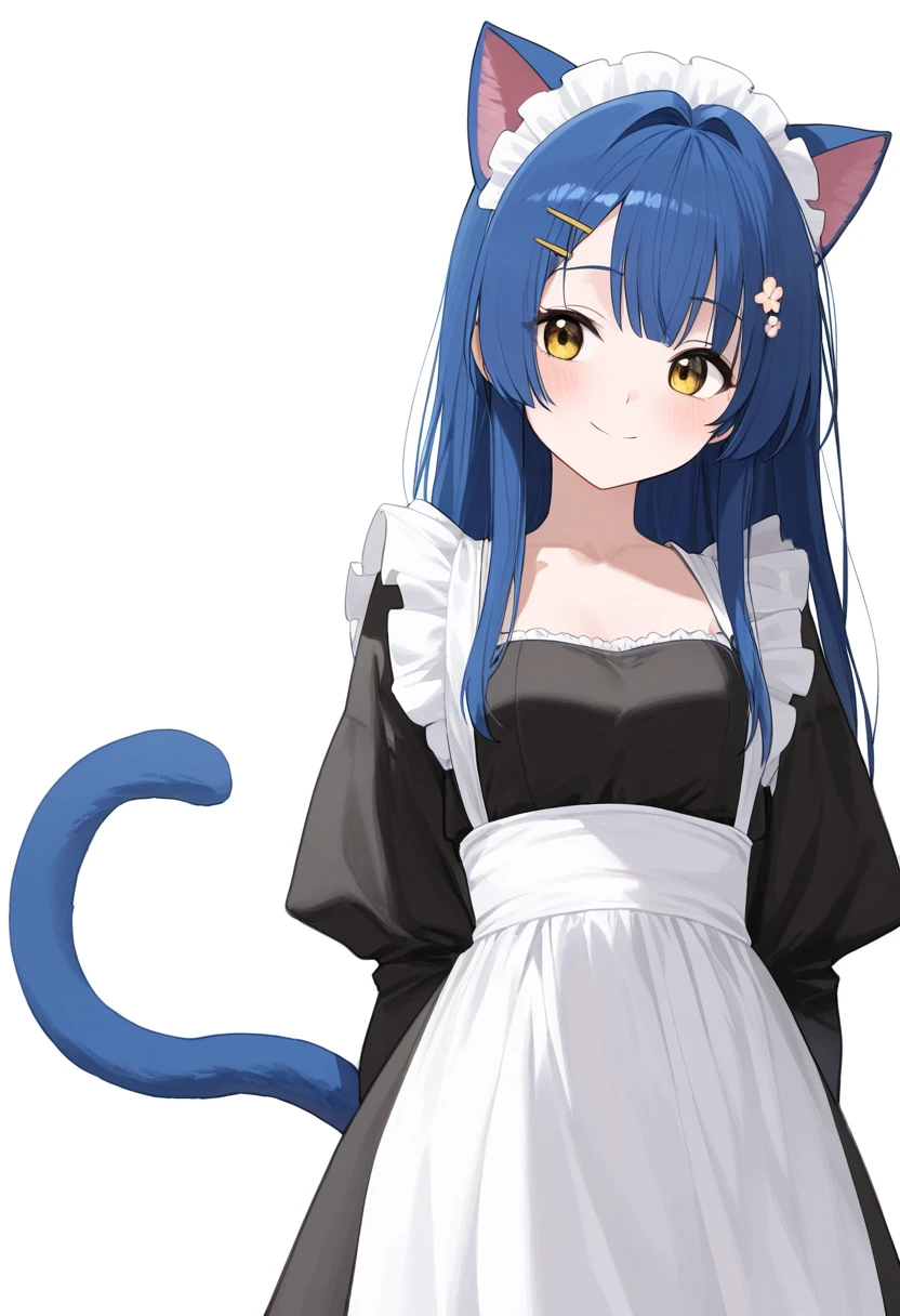 Look_( something that sings),  1 Woman ,   long hair,   animal ears  ,   Blue Hair, Chest,   yellow eyes,  Blanking in the Heart of the City, single   good, cat Tail,   brown eyes, medium Chest, cat ears,   good,  hair accessory as Kamui ,   Hairstick , hairpin,   maid clothes, 視聴者をLook, Alone, Tail, White background,    simple background, smile, shut up, 